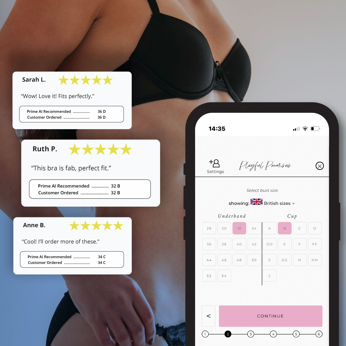 Bra Size Finder on a phone with real shopper reviews of recommended sizes
