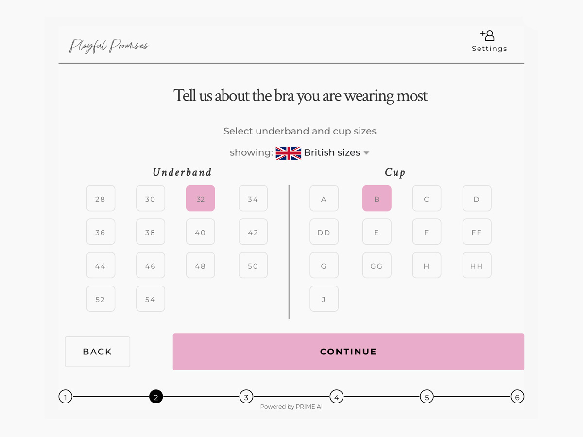 Bra Size Finder step: select the underband and cup size of the bra you wear most