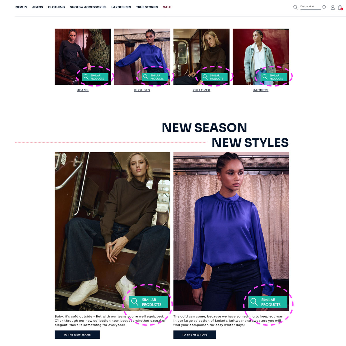 Products identified in a lookbook banner and shown as shoppable items