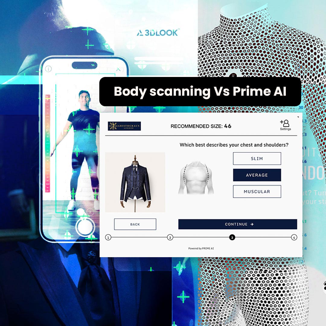 Imagen comparativa que muestra las diferencias entre la tecnología tradicional de escaneado corporal en 3D y el buscador predictivo de tallas de Prime AI. La imagen destaca la sencillez y facilidad de uso de la interfaz de Prime AI, que requiere una introducción mínima de datos para ofrecer recomendaciones de tallas precisas. Frase clave: "Prime AI e-commerce sizing solution.