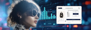 Modelo de moda com elementos de design futurista destacando a inteligência artificial no comércio eletrônico; interface digital destacando o localizador de tamanhos de roupas alimentado por IA.
