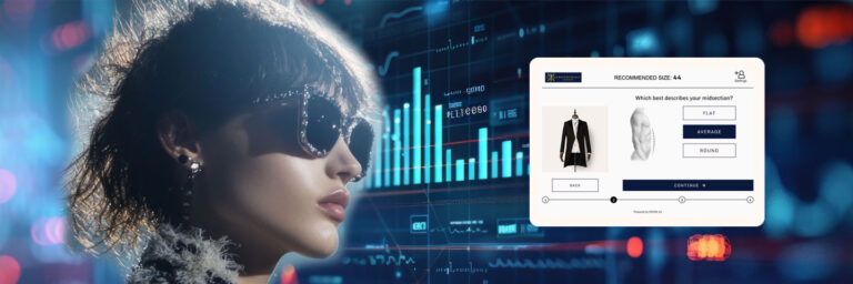 Fashion model with futuristic design elements showcasing artificial intelligence in eCommerce; digital interface highlighting AI-powered clothing size finder.