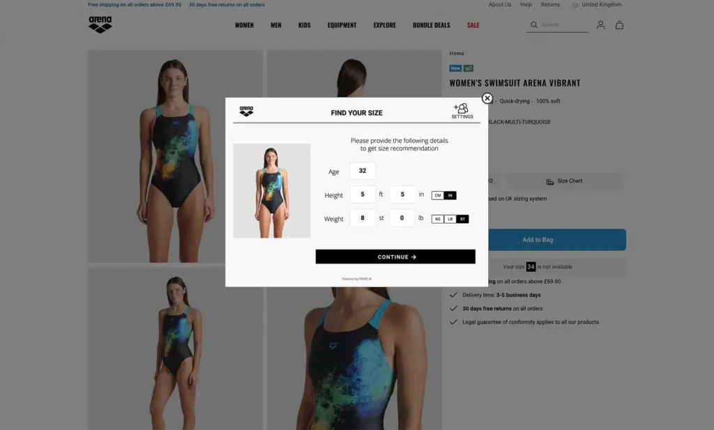 AI Size Finder for Swimwear – Arena's AI-powered size recommendation tool helping shoppers find the perfect fit for swimsuits, reducing returns and bracketing.