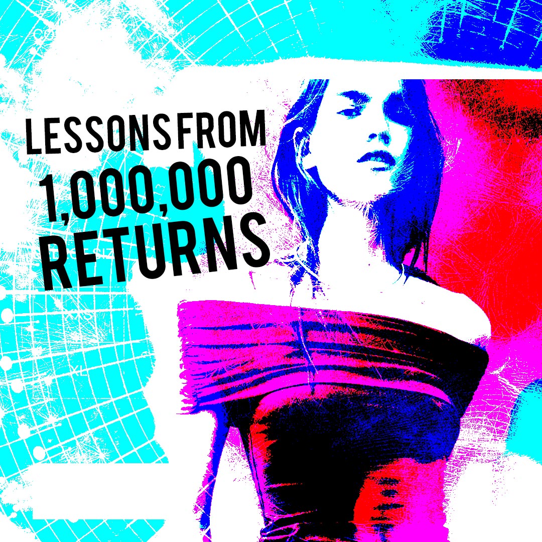 Lessons from 1,000,000 Returns" – A bold, high-contrast digital artwork featuring a stylish woman in an off-shoulder dress, overlaid with abstract textures in blue, pink, and black. The vibrant design highlights the key theme of inconsistent sizing in fashion, a major driver of returns in online retail.