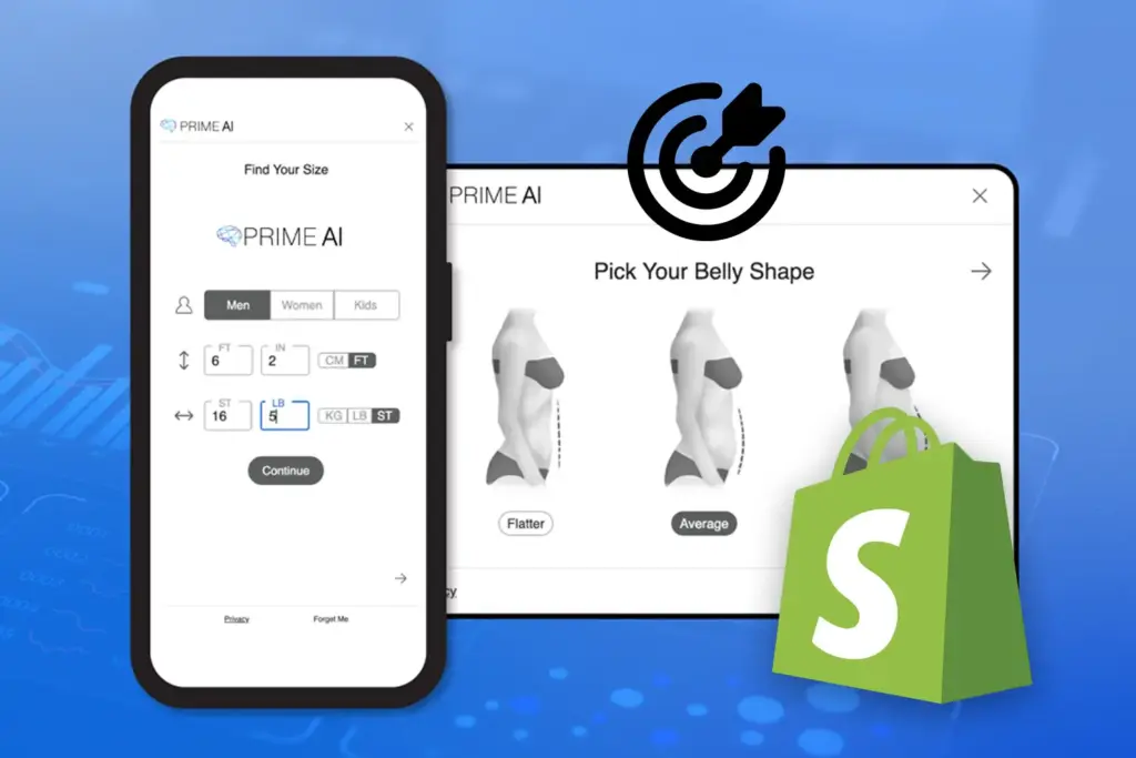 Prime AI free shopify size finder app - Clothing Size & Fit Finder with Mobile and Desktop Interface, Size Selection, and Belly Shape Options.