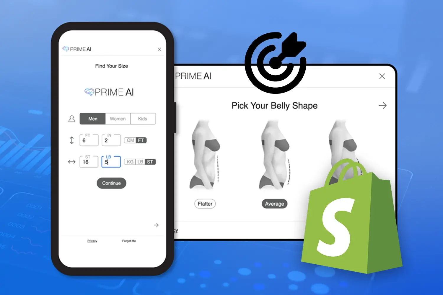 Prime AI free shopify size finder app - Clothing Size & Fit Finder with Mobile and Desktop Interface, Size Selection, and Belly Shape Options.