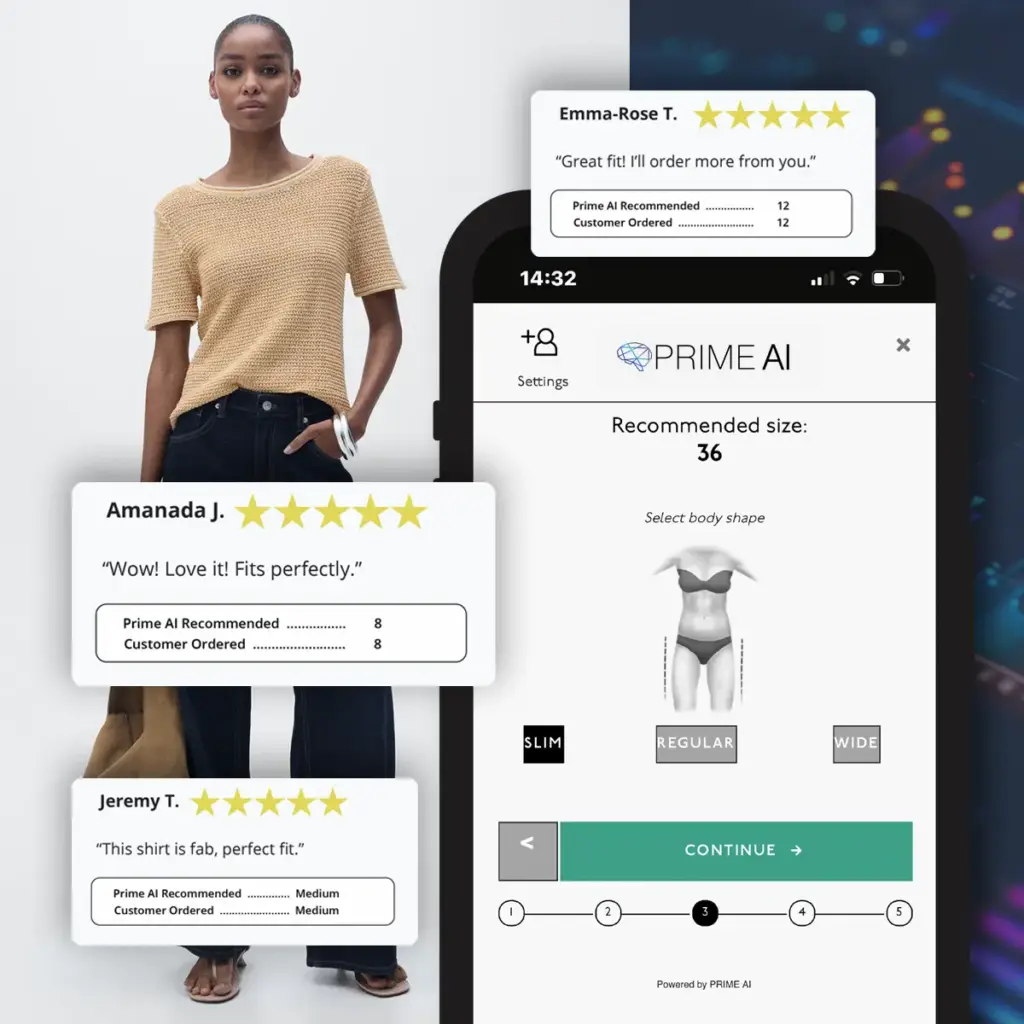 A digital interface of the prime ai clothing size finder powered by Prime AI, displayed on a smartphone. The screen shows a recommended size selection based on body shape, with options for slim, regular, and wide fits. Around the interface, customer reviews with five-star ratings highlight successful size recommendations. A female model in gothic fashion stands to the left, representing the brand's aesthetic.