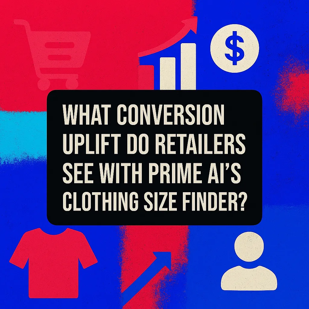What conversion uplift do retailers see with Prime AI Clothing Size Finder graphic with shopping cart, dollar sign, and bar chart icons