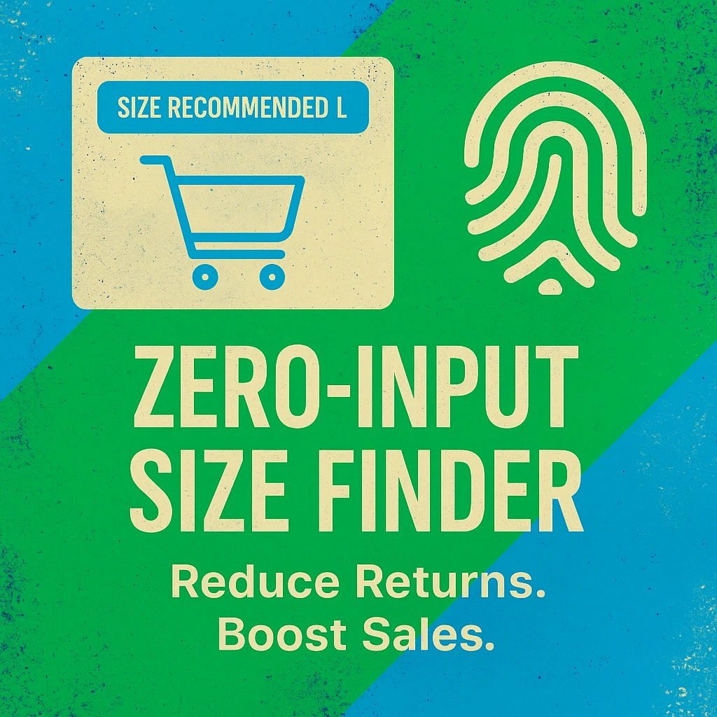 Prime AI PRO Zero-Input Size Finder blog visual with AI sizing, shopping cart, and refund reduction graphics.