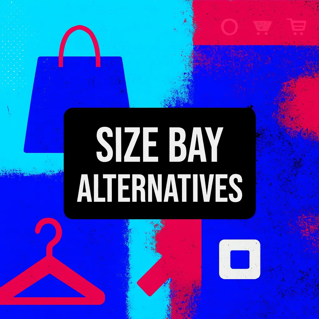 Size Bay Alternatives graphic with shopping icons in red and blue background