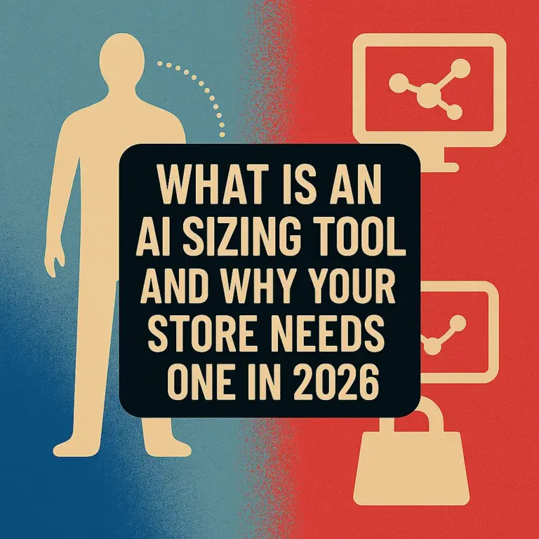 Bold graphic showing a human silhouette, shopping icons, and the title: "What Is an AI Sizing Tool and Why Your Store Needs One in 2026