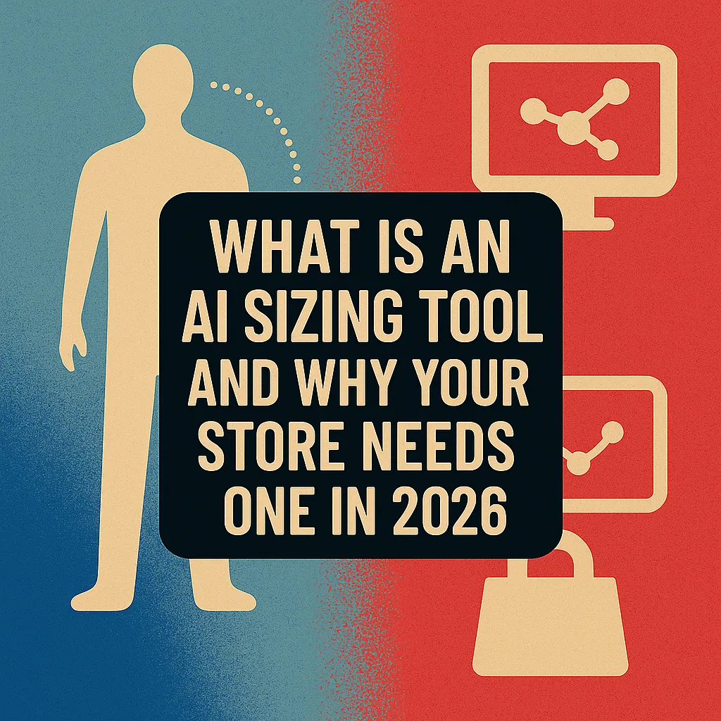 Bold graphic showing a human silhouette, shopping icons, and the title: "What Is an AI Sizing Tool and Why Your Store Needs One in 2026