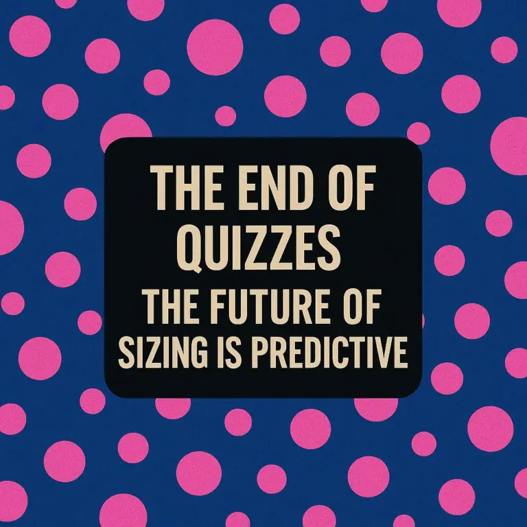 Text graphic reading ‘The End of Quizzes – The Future of Sizing is Predictive’ on a blue background with pink circular patterns.