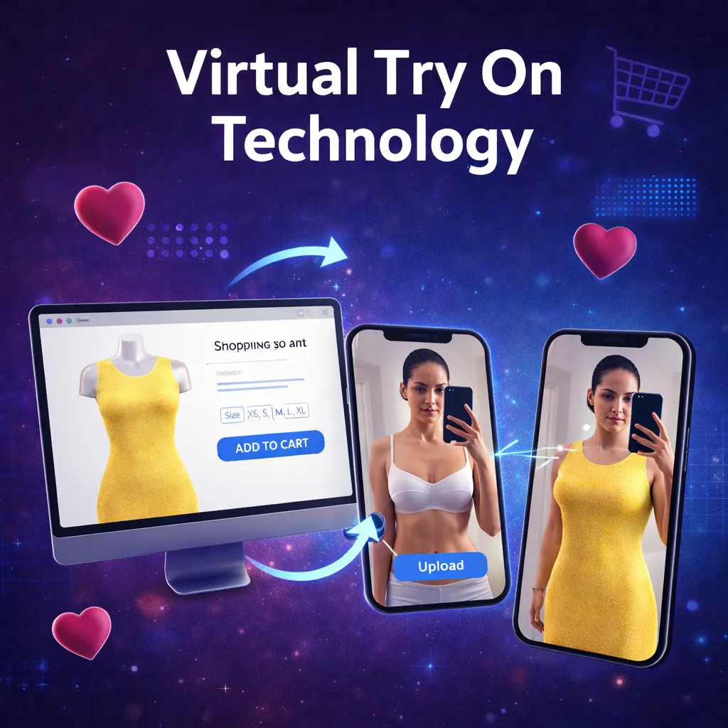Visual showing virtual try-on technology: a product displayed on a website, a user uploading their photo, and the system dressing the user in the selected product.