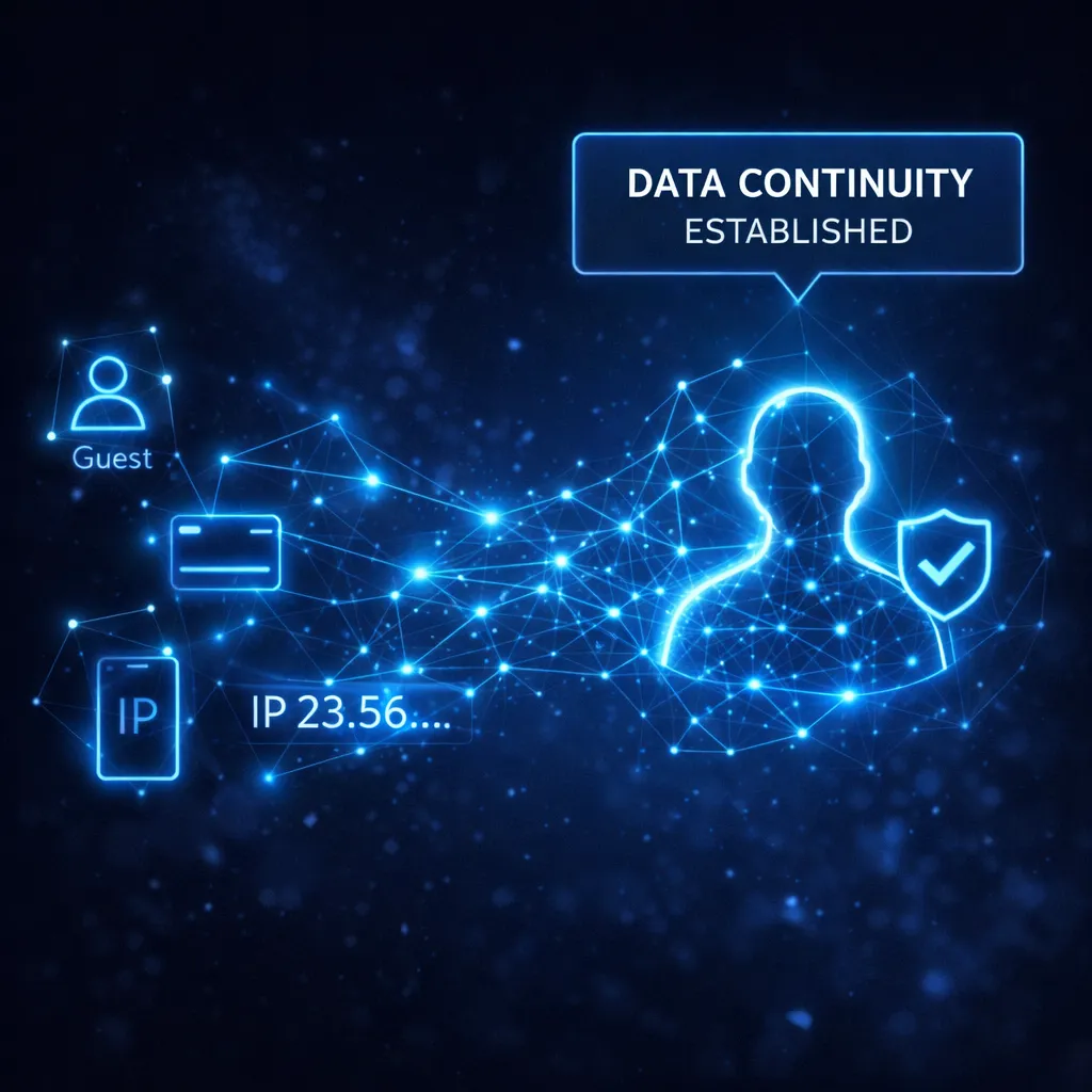 Digital network showing fragmented guest data unified into a verified profile through AI-driven data continuity.