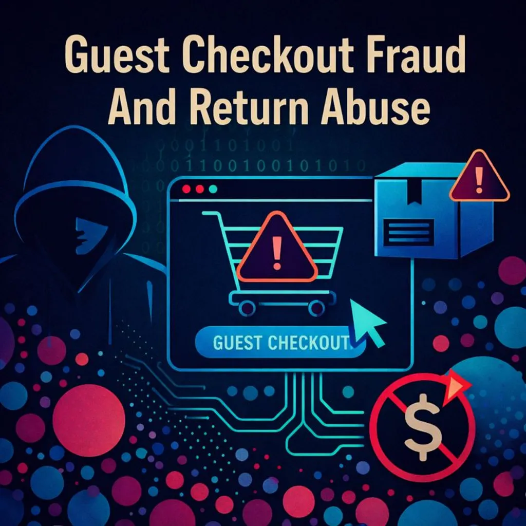 Illustration showing guest checkout fraud and return abuse, with warning icons on a shopping cart, suspicious user figure, and return package symbols in a digital retail environment.