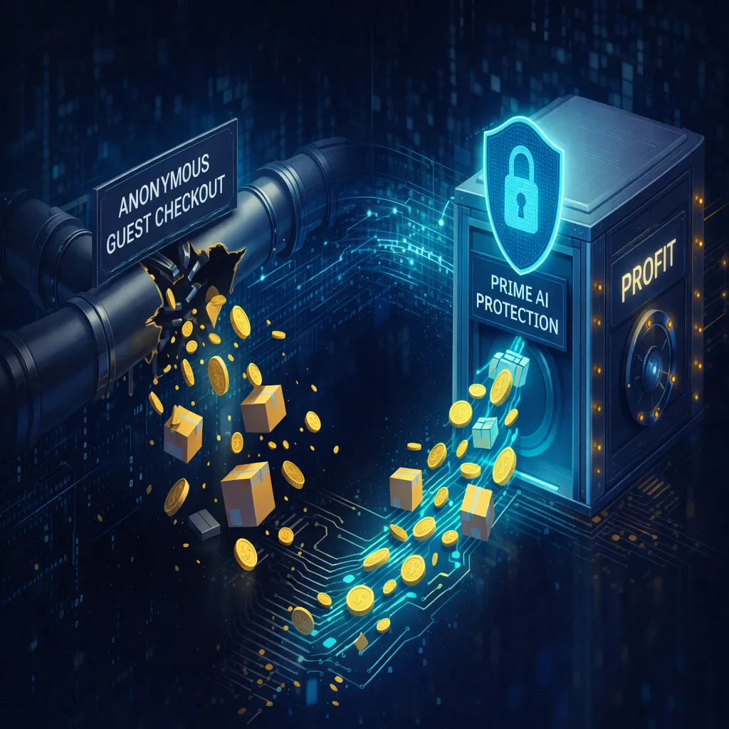 AI illustration showing guest checkout fraud leaking revenue, secured by Prime AI protection directing profits safely.
