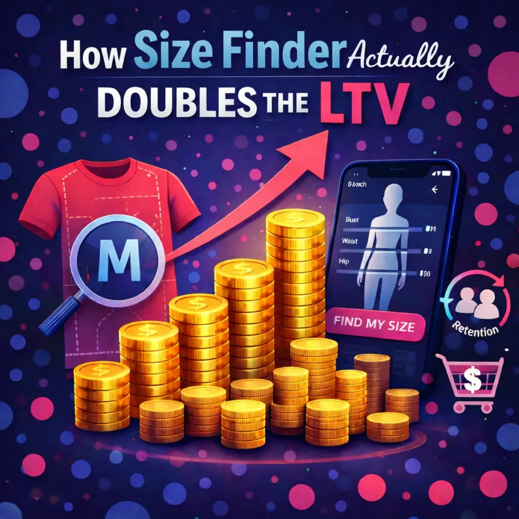 AI-powered Size Finder illustration showing growth in customer lifetime value (LTV) through improved fit accuracy and retention.