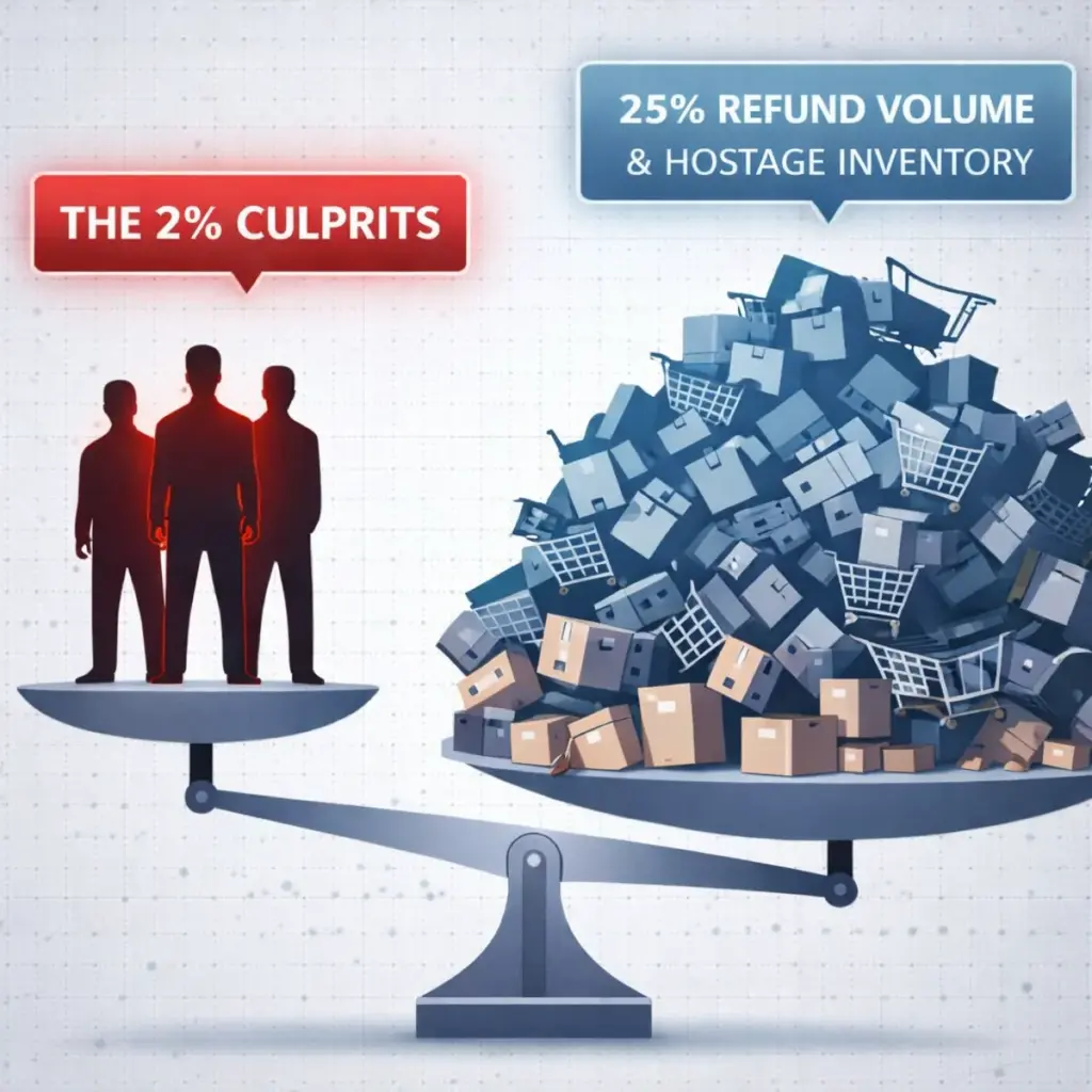 Infographic showing how 2% of shoppers account for 25% of refund volume and hostage inventory in retail.