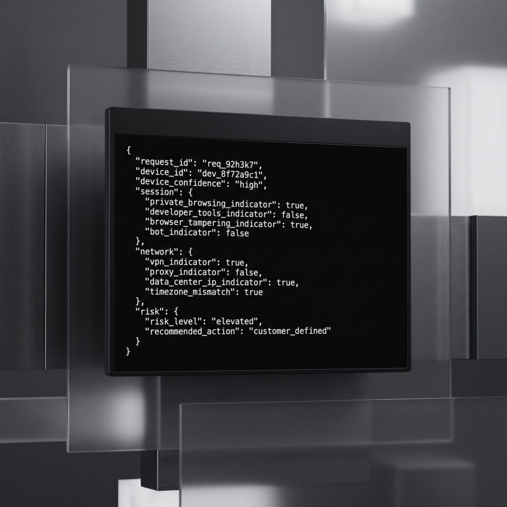 Persistent Device ID API showing JSON risk signals for VPN, private browsing, browser tampering and bot detection