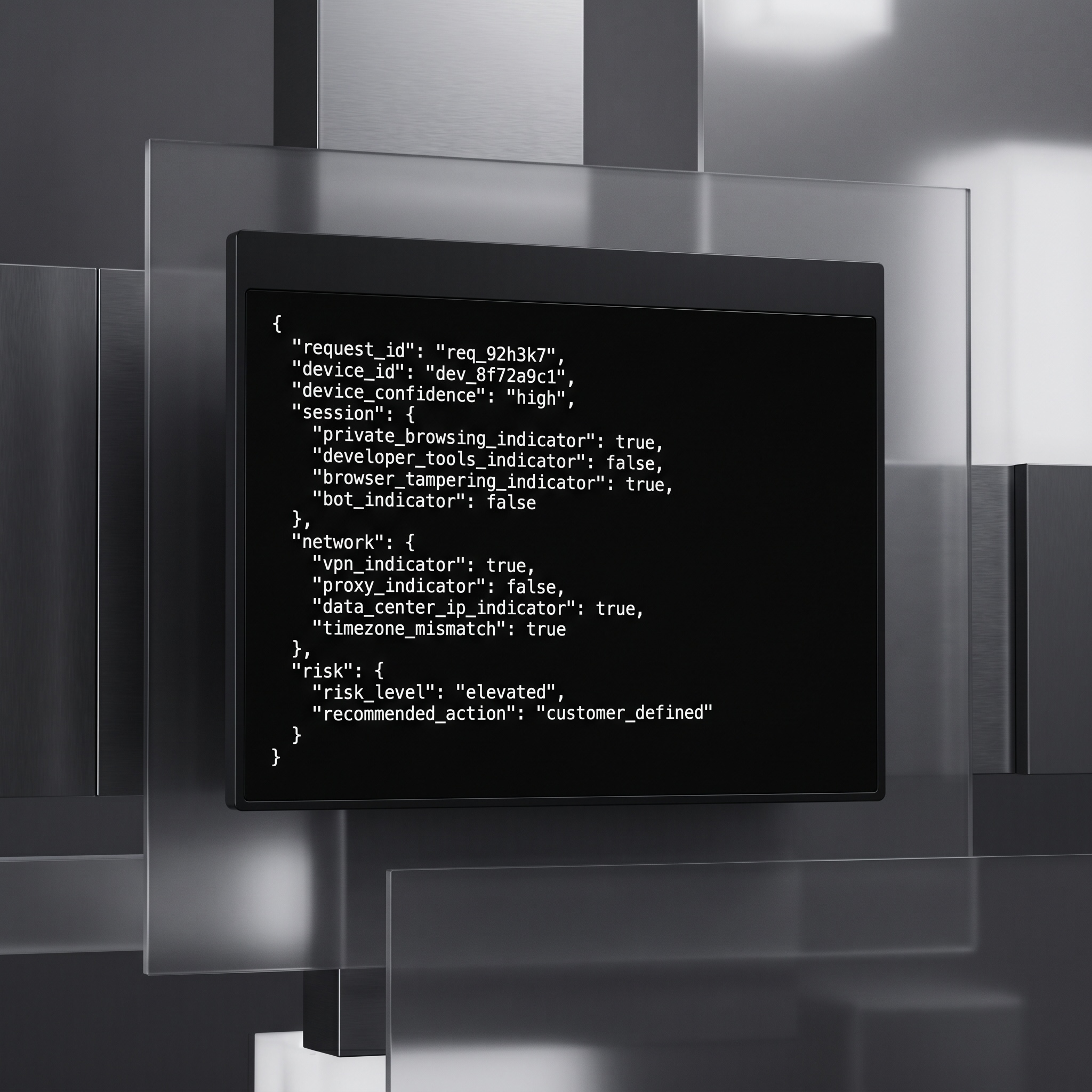 Persistent Device ID API showing JSON risk signals for VPN, private browsing, browser tampering and bot detection