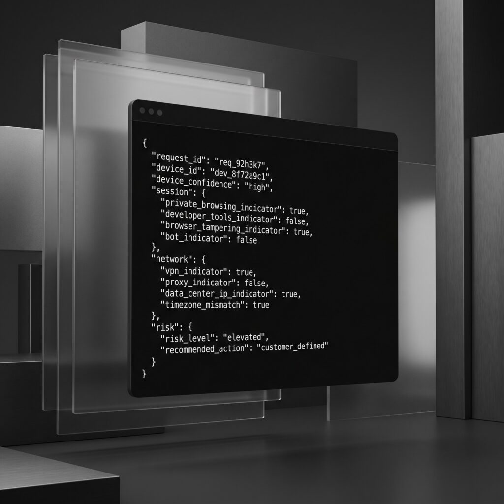 Prime AI Telemetry API JSON response showing device ID, VPN, proxy, private browsing, browser tampering and risk signals