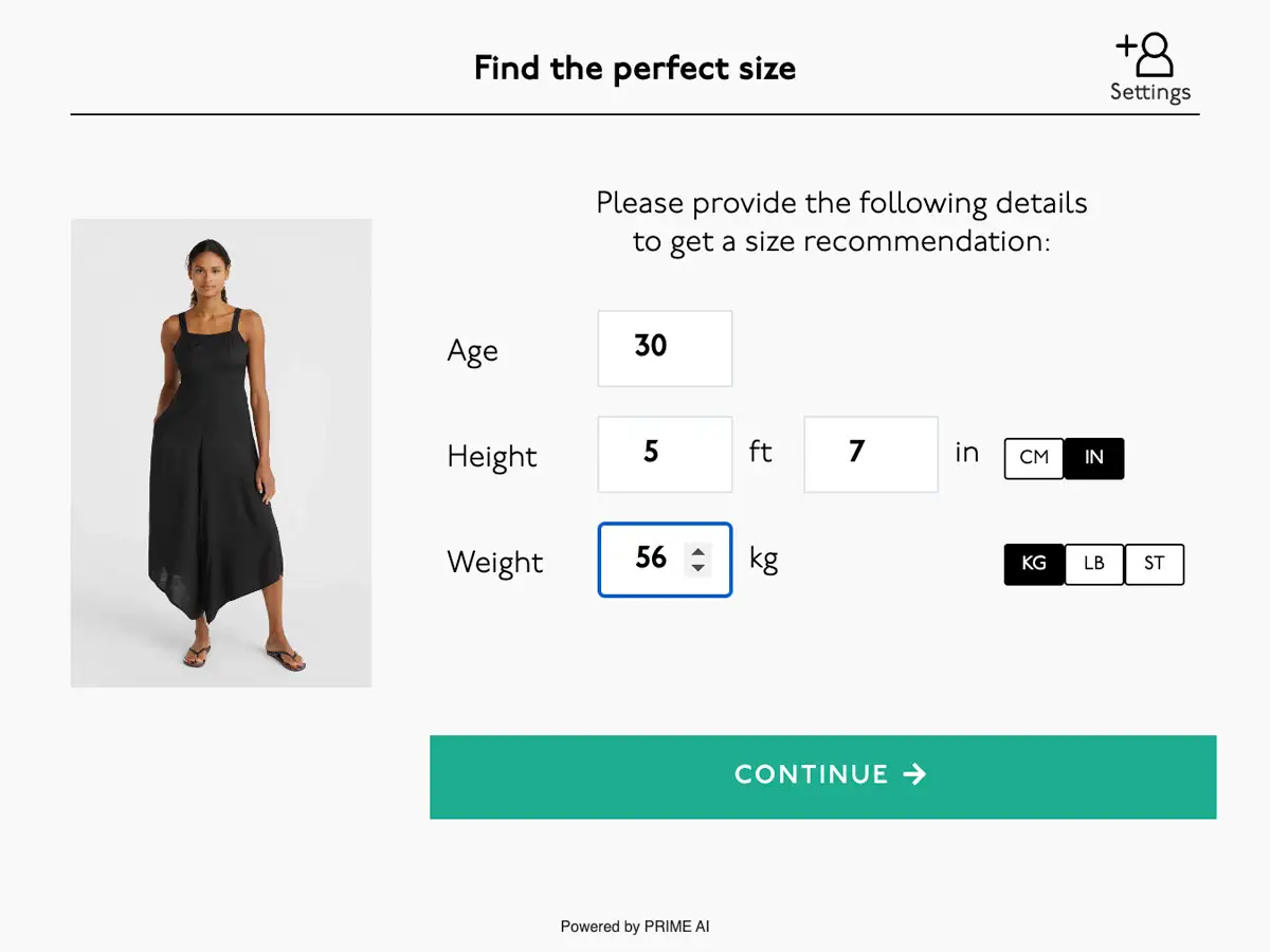 Size Finder quiz, step 1: personal info (age, height, weight)