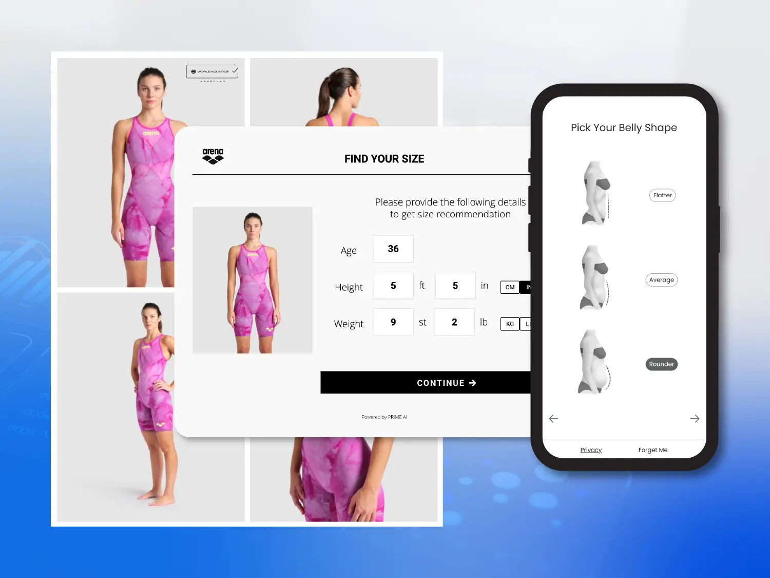 Size Finder quiz open on a fashion product page, desktop and mobile