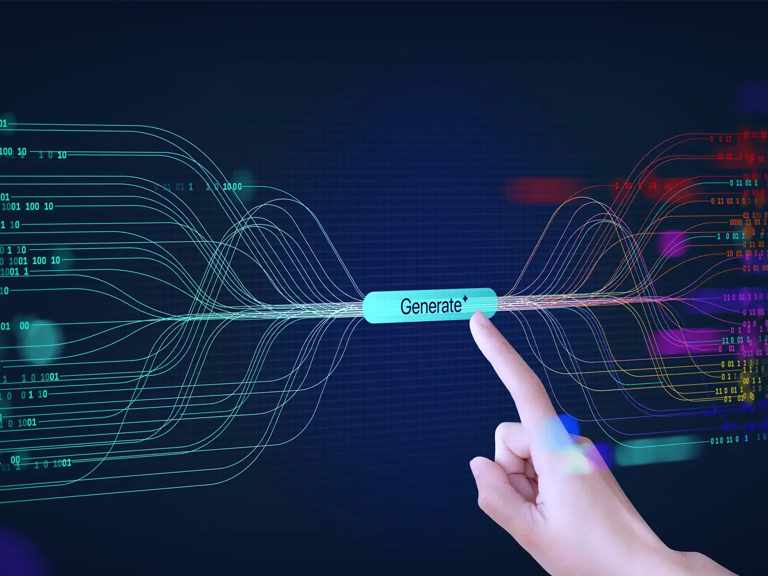 Finger pressing a Generate button, large language model concept