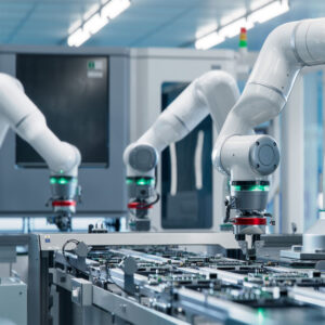 Robotic arms assembling circuit boards on an automated production line