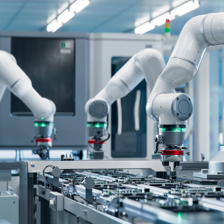 Robotic arms assembling circuit boards on an automated production line