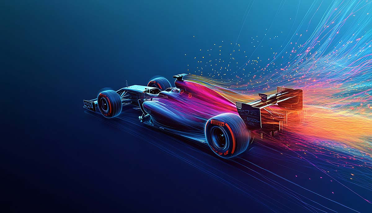 Open-wheel racing car with colourful aerodynamic speed trails