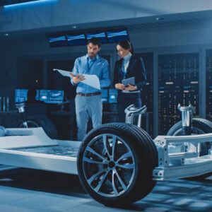 Automotive engineers reviewing plans beside a vehicle chassis