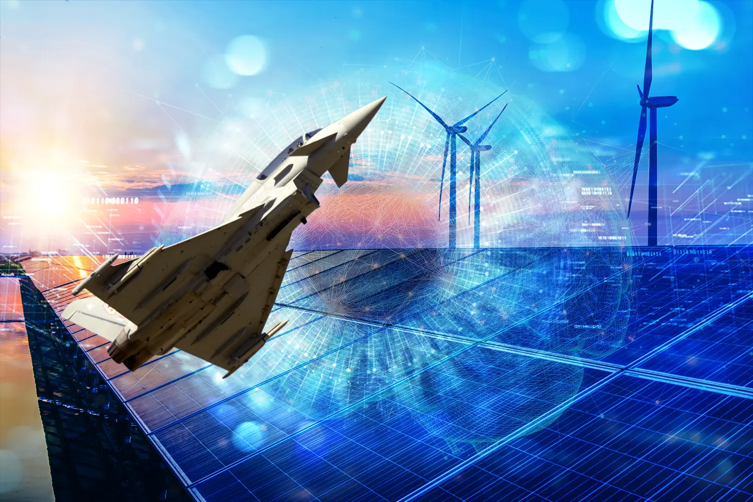 Fighter jet over solar panels and wind turbines, custom AI concept