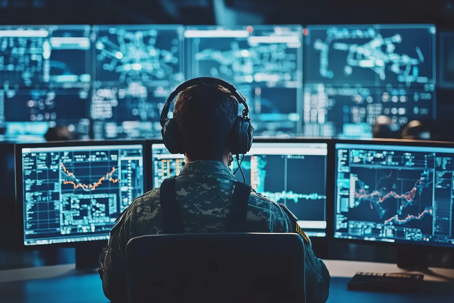 Soldier monitoring cybersecurity dashboards on multiple screens