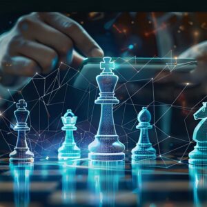 Glowing chess pieces on a digital board, AI decision making