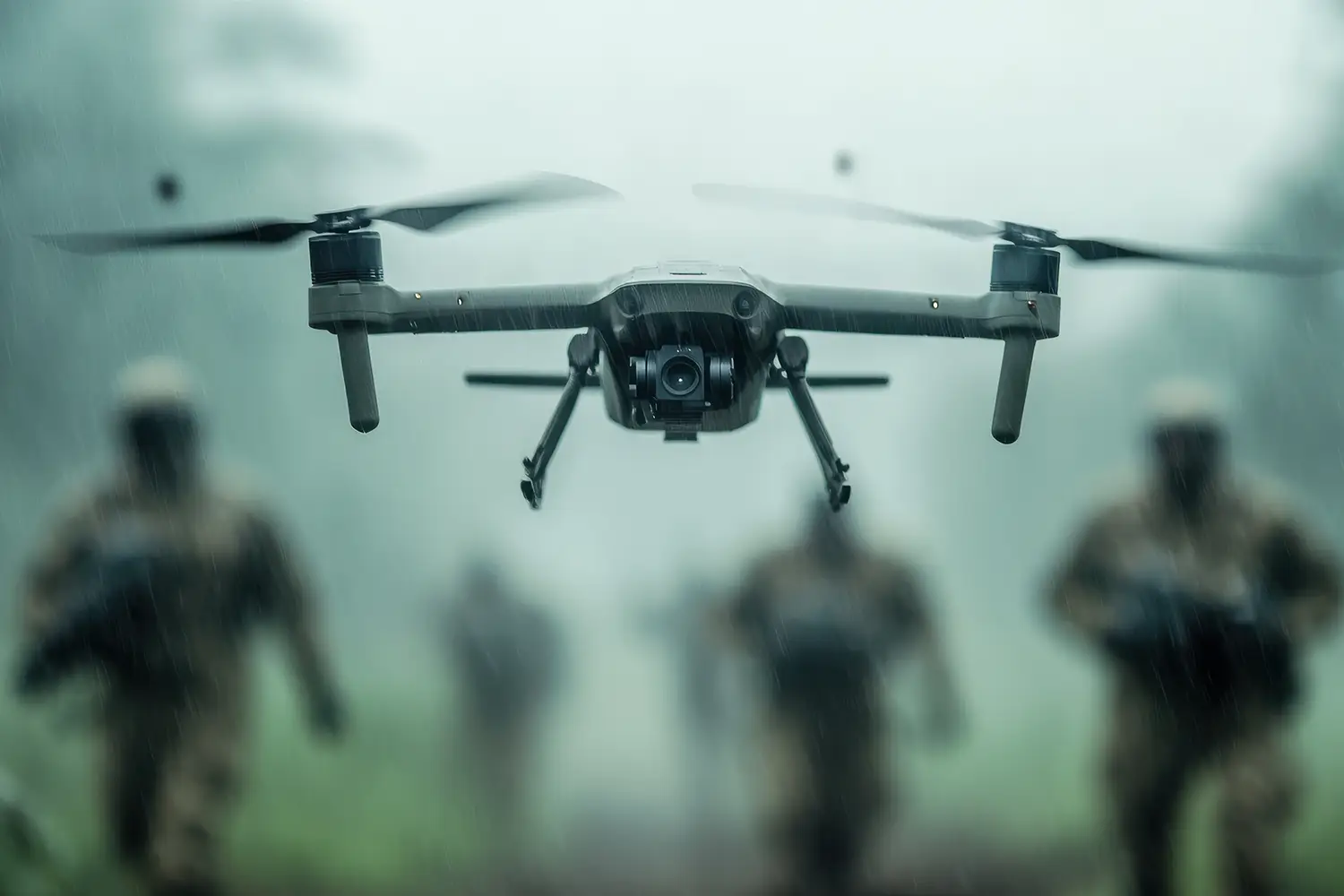 Military drone flying ahead of soldiers in fog