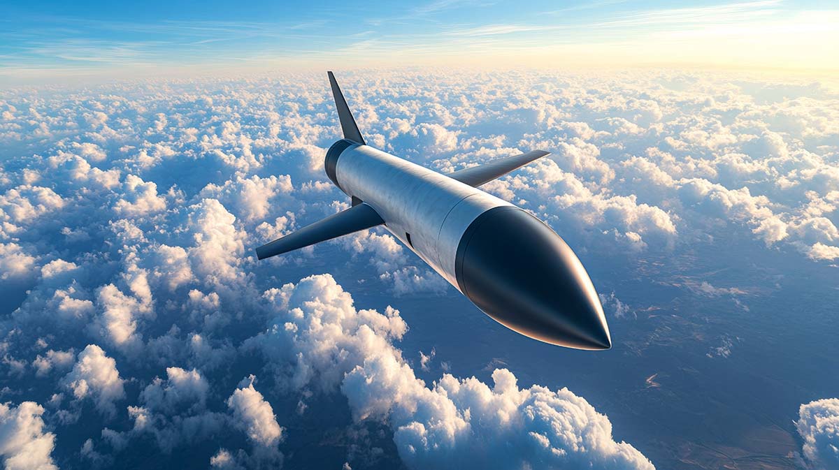 High-speed missile flying above the clouds