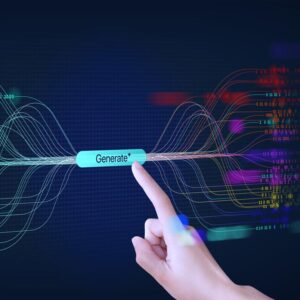 Finger pressing a Generate button amid streams of language data