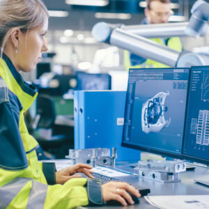 Factory engineer inspecting a 3D part model on screen