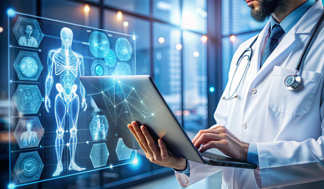 Doctor using a tablet with holographic patient health data