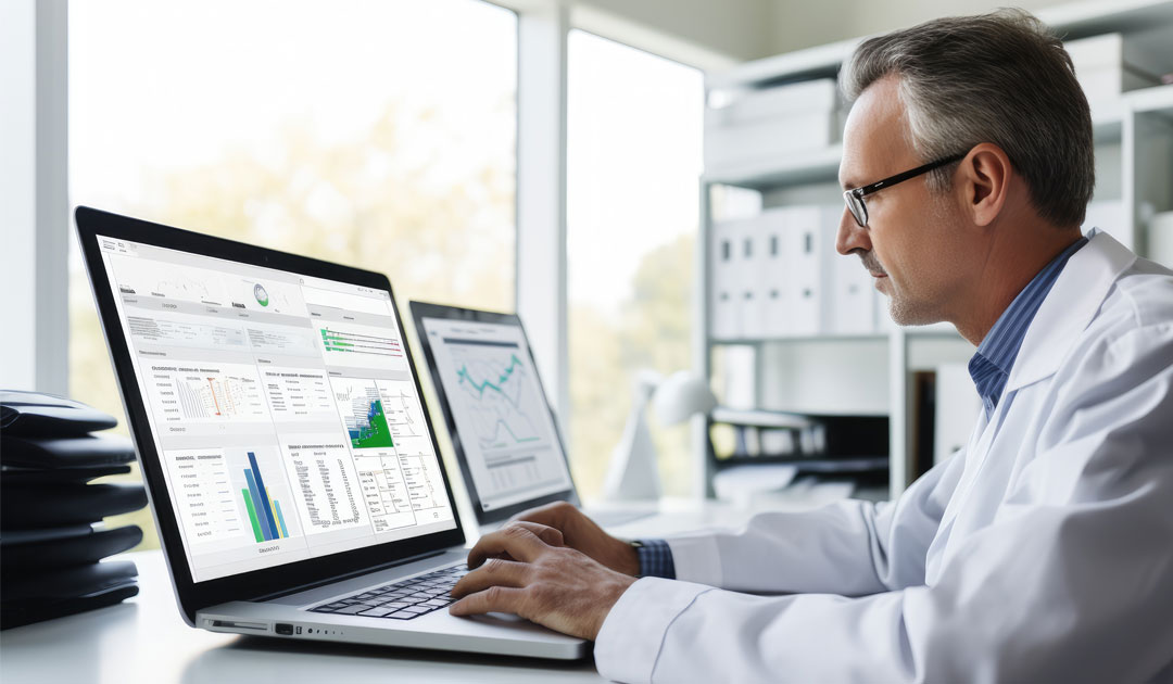 Clinician analysing patient data charts on a laptop