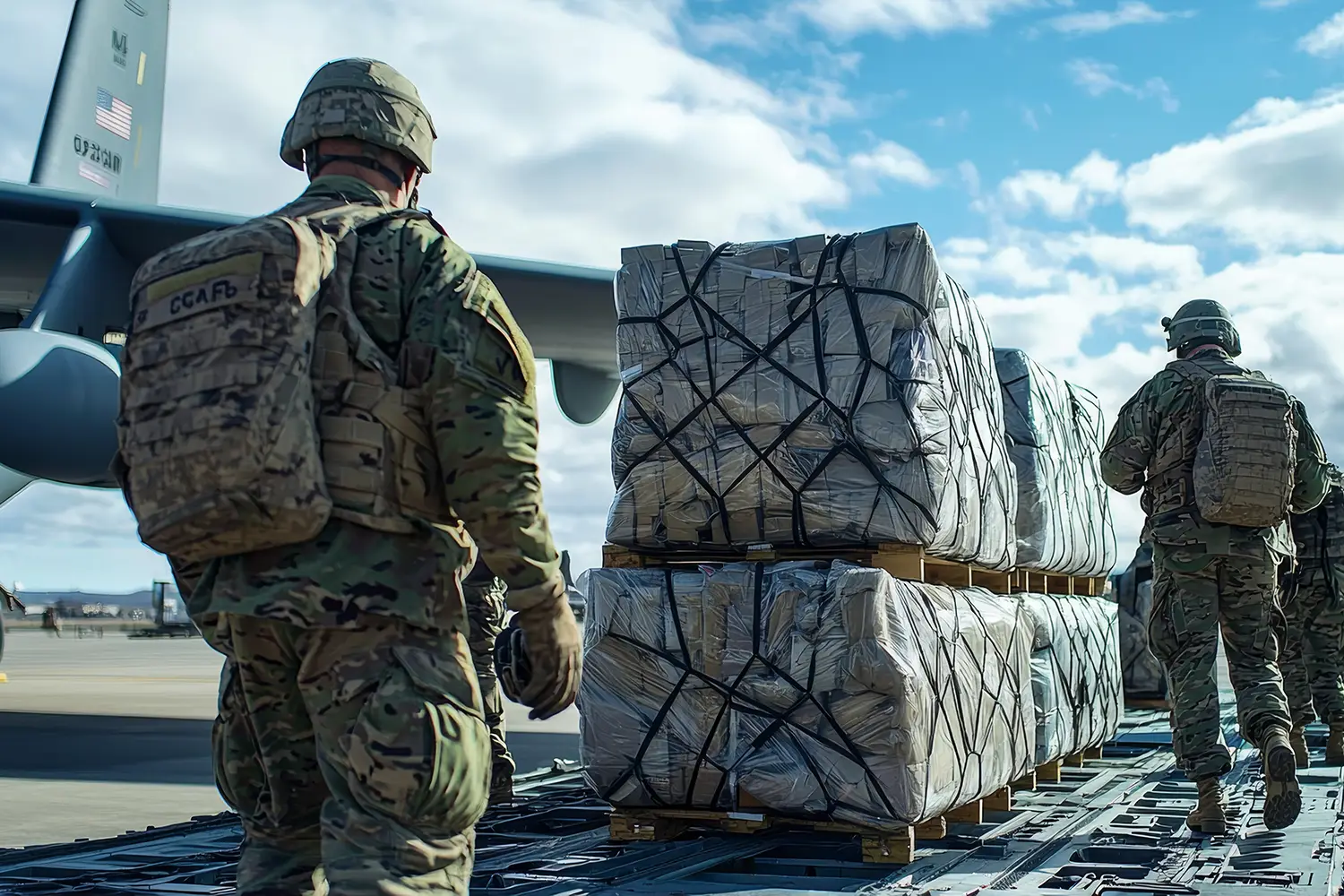 Soldiers moving palletised supplies beside a cargo aircraft
