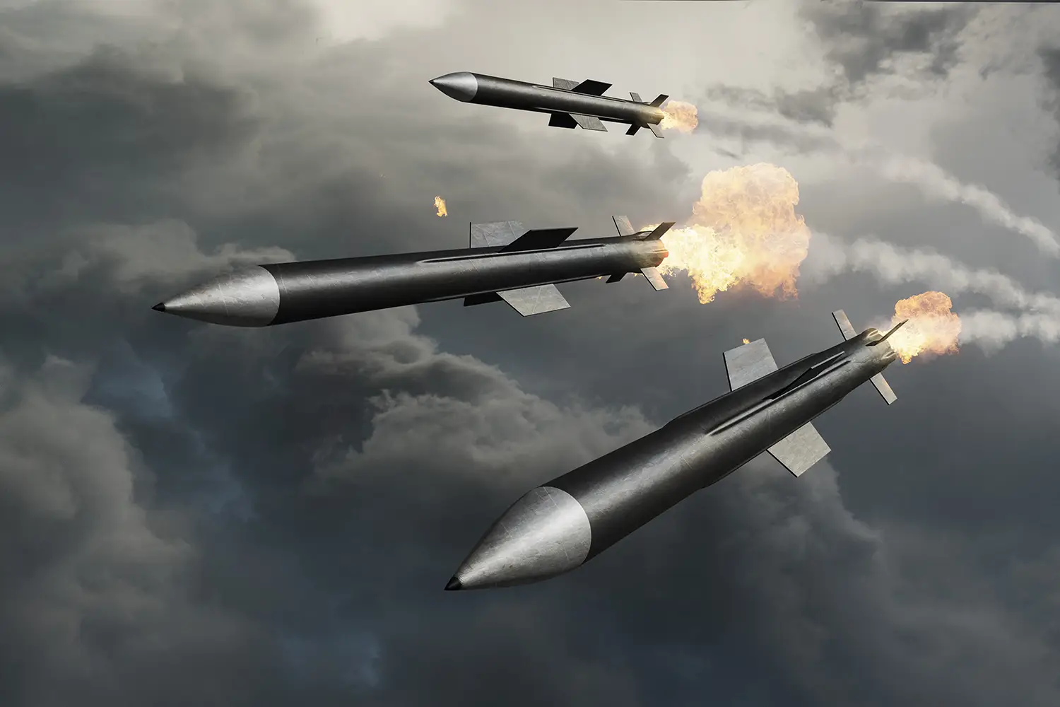 Missiles in flight through storm clouds