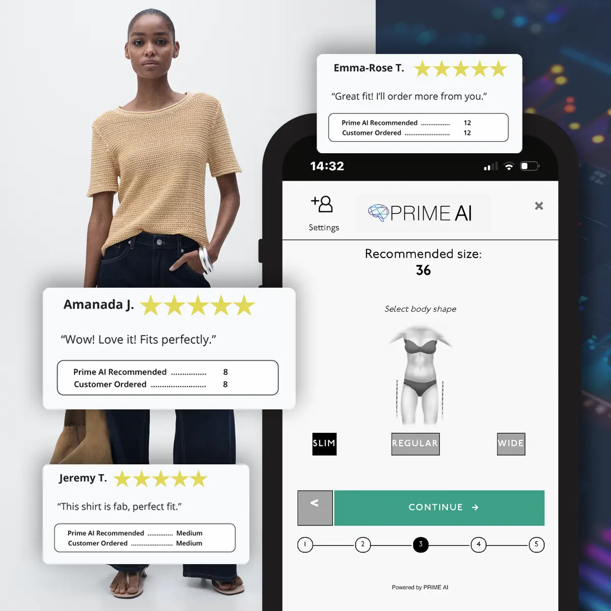 Prime AI Clothing Size Finder Pro recommending a size on a smartphone product page