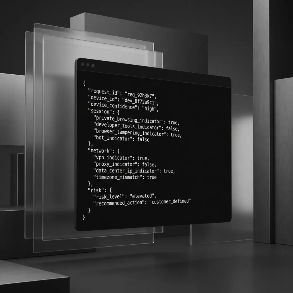 Prime AI Persistent Device ID API JSON response showing device ID, VPN, proxy, private browsing, browser tampering and risk signals