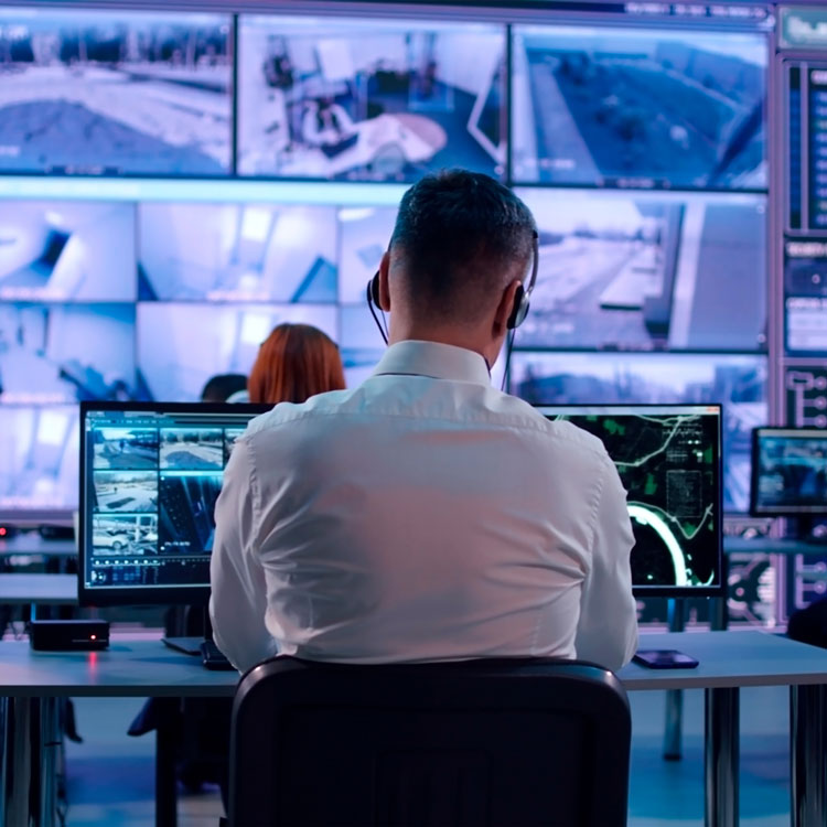 Security analyst monitoring CCTV feeds in a control room