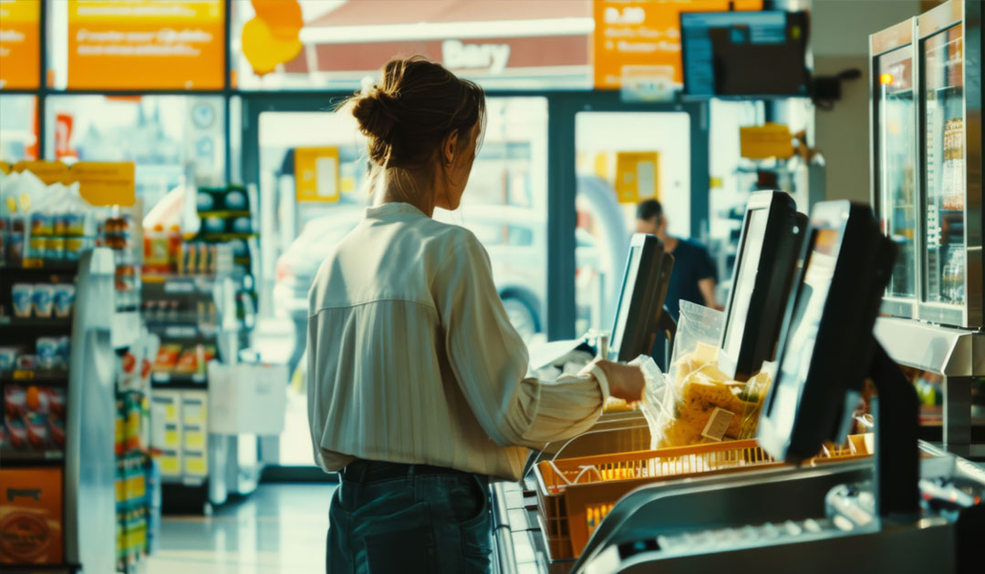 Shopper scanning groceries at a supermarket self-checkout