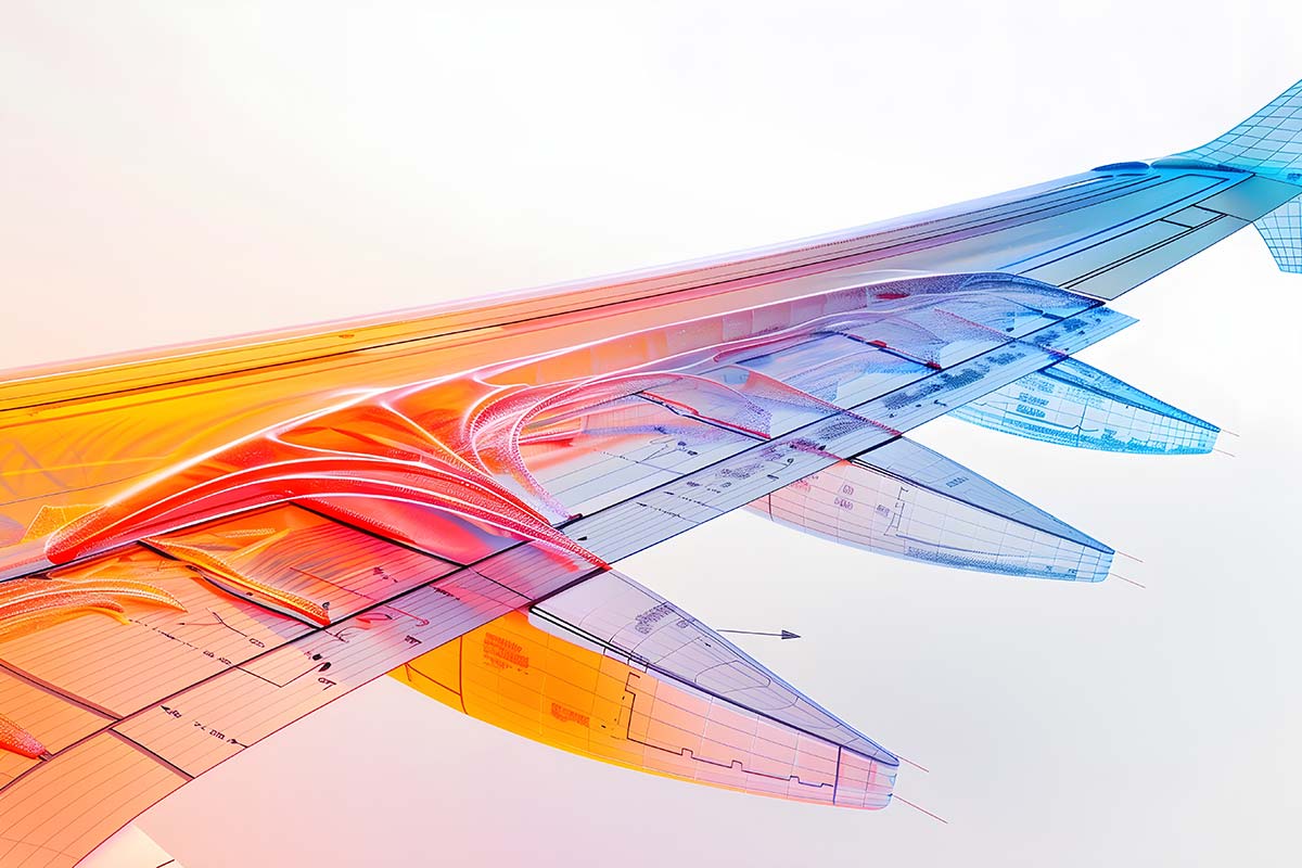 Aircraft wing with colour-mapped aerodynamic flow simulation
